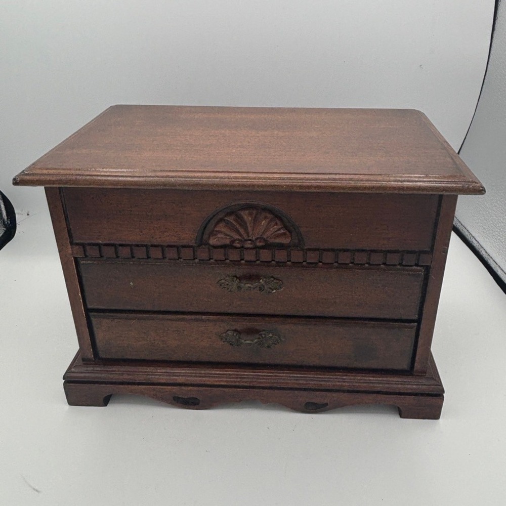 Vintage Jewelry Box Dark Wood Brown Wooden Carved Chest Organizer 3 Tier Velvet